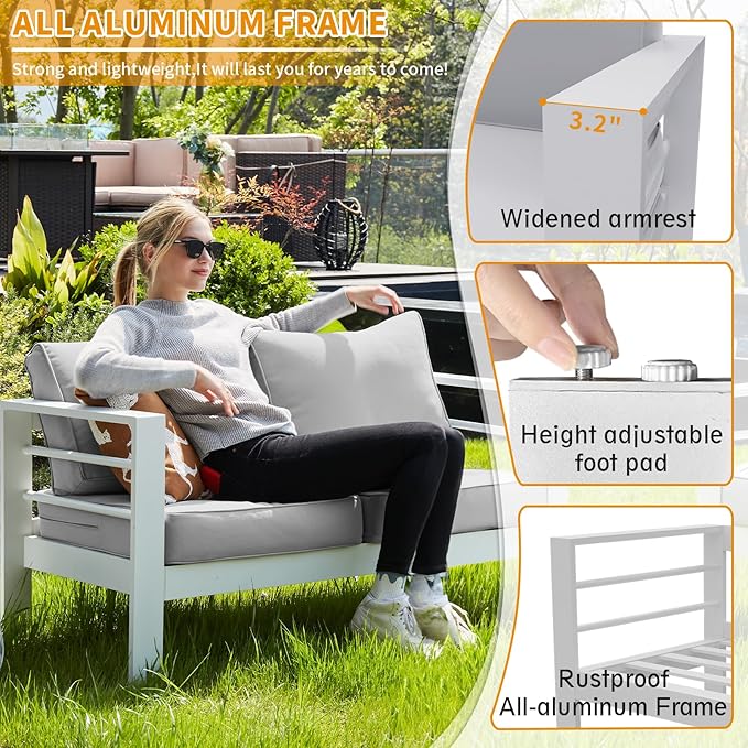 Aluminum Patio Furniture Set, Loveseat Outdoor Set with 5 Inch Cushions, Patio Loveseat Sets with Waterproof Covers for Backyard Garden(White)