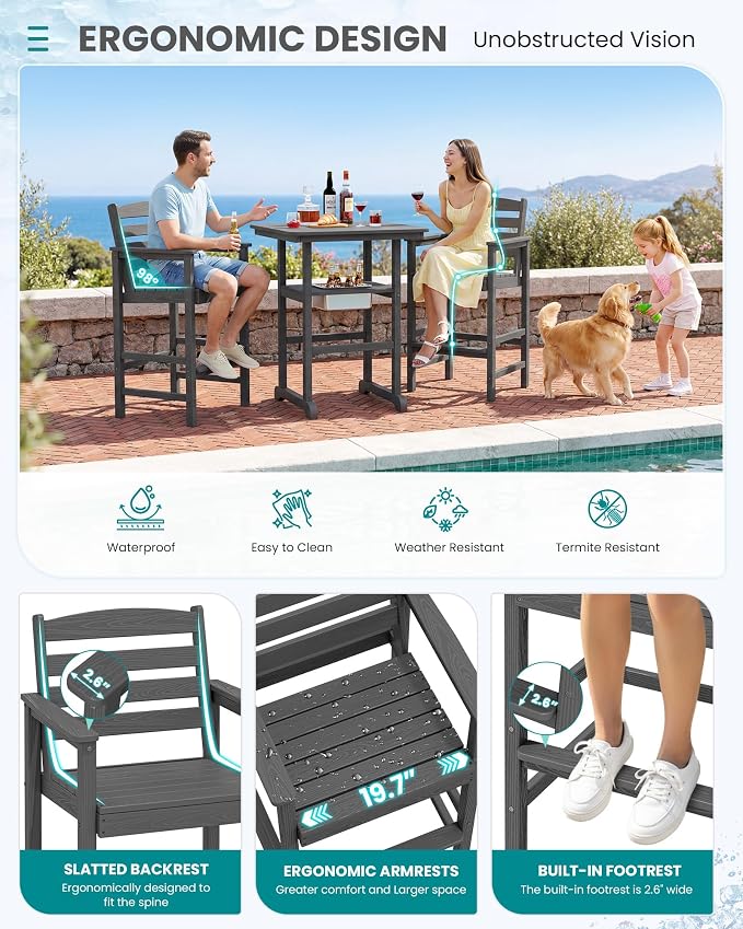SERWALL Adirondack Bar Chairs and Table 8 Pieces Set, HDPE Bar Height Chairs Set of 2 and Bar Table with Ice Bucket, Outdoor Bar Stools Set for Dining, Balcony, Poolside, Backyard, Grey