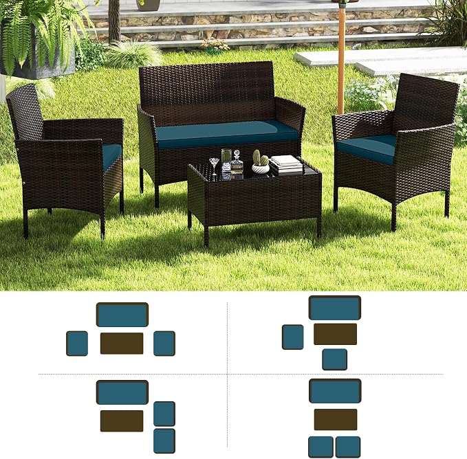 ORALNER 4 Pieces Patio Furniture Set, Rattan Chairs Loveseat with Soft Cushion and Glass Table, Outdoor Wicker Conversation Set for Balcony Garden Backyard Porch Poolside (Peacock Blue)