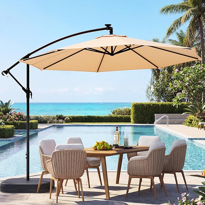10FT Patio Umbrella with Base Included, Outdoor Offset Cantilever Umbrella, Infinite Tilt, UV Protection for Backyard, Lawn, Garden & Pool