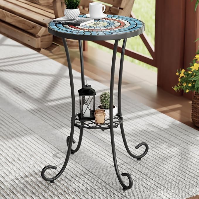Christopher Knight Home Glady Outdoor Round Side Table, Patio End Table with Ceramic Top and Metal Frame, Small Decorative Accent Table for Patio Garden Porch Balcony, Mosaic