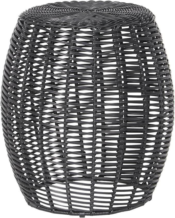 ABBLE Patio Resin Wicker Side Table Barrel End Table Metal Frame Storage Basket Indoor Outdoor Use, Black