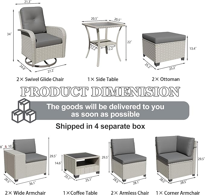 11-Piece Outdoor Patio Furniture Set, Modular Sectional Sofa Set with Swivel Rocker Chairs & Ottomans, Wicker Outdoor Couch Conversation Sets w/Coffee Table and Cushions, Gray