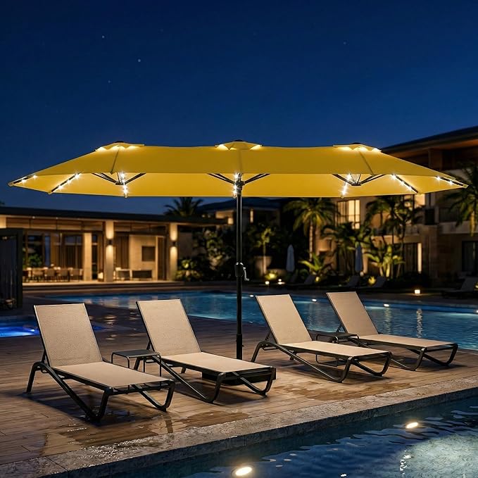15ft Large Patio Umbrella with Solar Lights and Base, Double-Sided Outdoor Rectangle Umbrella with 48 LED Lights, Market Table Umbrellas with UV Resistant Canopy