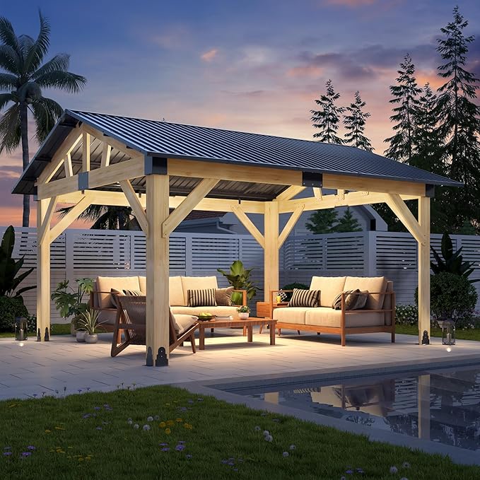 COVERONICS 12’x14’ Outdoor Wood Gazebo - Hardtop Patio Gazebos with Galvanized Steel Roof, Cedar Wooden Gazebo for Garden, Porch, Patio and Deck