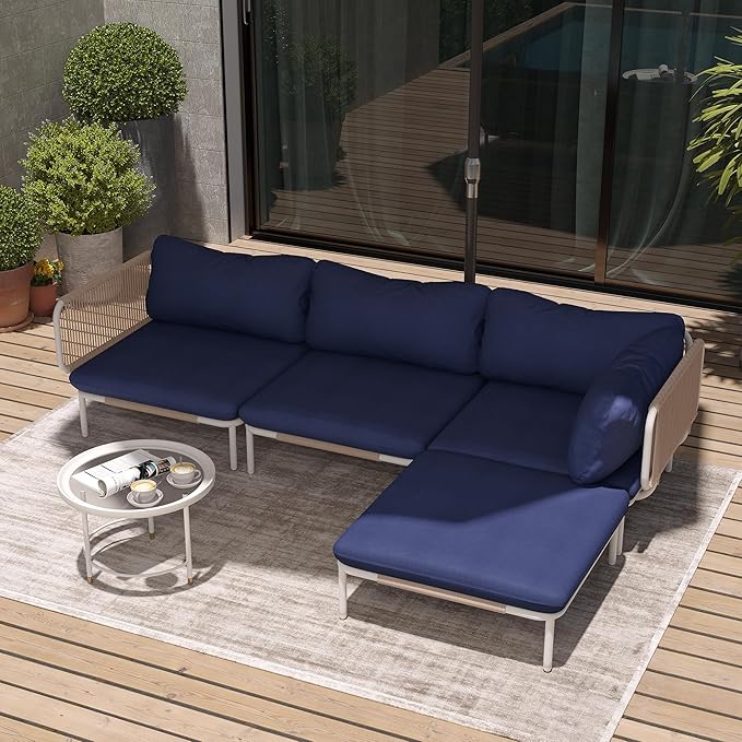 Patio Furniture Set, Outdoor Patio Furniture Oversized Metal Patio Sectional Sofa, 4-Seat Conversation Set with Cushion for Indoor and Outdoor,White Frame and Blue Mat