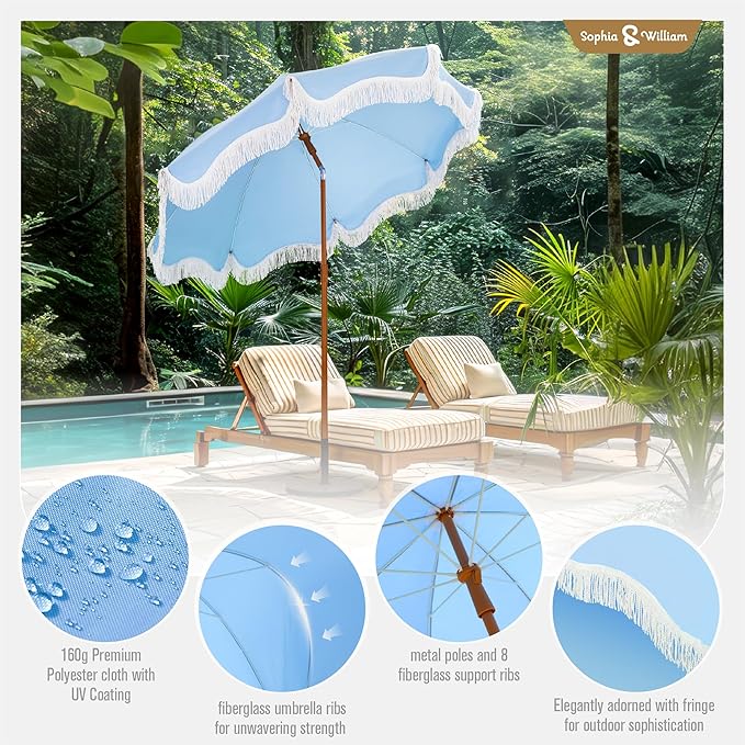 Sophia & William 7ft Outdoor Beach Umbrellas with Fringe, Portable Tilt Umbrellas for Sand, Patio, Lawn, Garden, Pool, Outing, Balcony