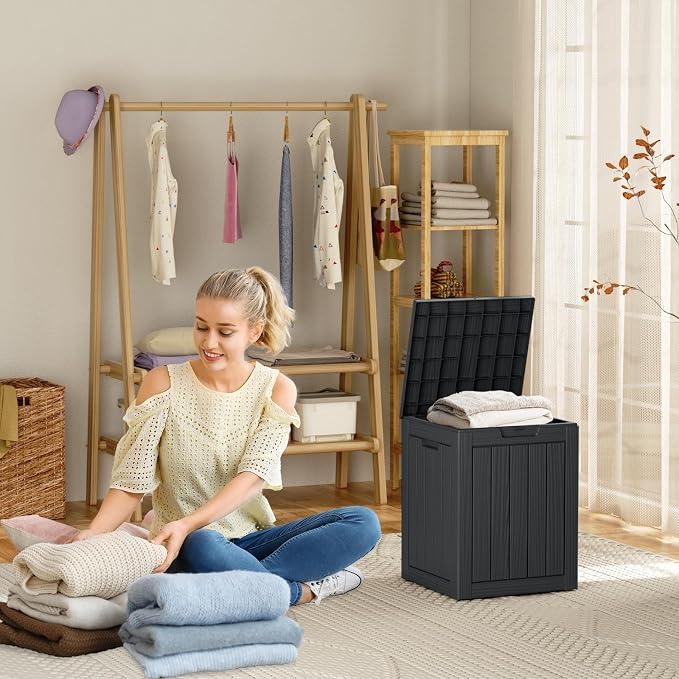 30 Gallon Waterproof Outdoor Resin Deck Box with Lockable Lid, Minimalist Wood Grain Pattern, Easy Assembly Features and Convenient Handles For Cushion, Pillows and other Patio Furniture (Black)