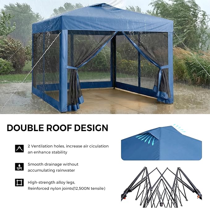10x10 Pop Up Canopy Tent with Netting,Outdoor Portable Instant Folding Gazebo with 4 Ropes,4 Sandbags and Wheeled Storage Bag,3 Height Positions,Canopy for Patio,Yard,Camping (Blue)