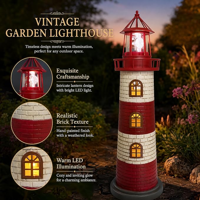 Large Garden Statues 23" Coastal Garden Decor for Outside - Lighthouse Solar Lights Outdoor Waterproof Patio Lawn Yard Decorations, Unique Housewarming Gift Garden Gifts for Family Friends (Red)