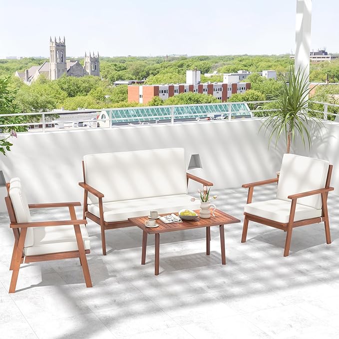 Tangkula 4 Piece Outdoor Conversation Set, Acacia Wood Sofa Set with Soft Seat & Back Cushions, Rectangle Coffee Table Patio Wood Furniture Set for Backyard, Poolside, Garden (1, Off White)