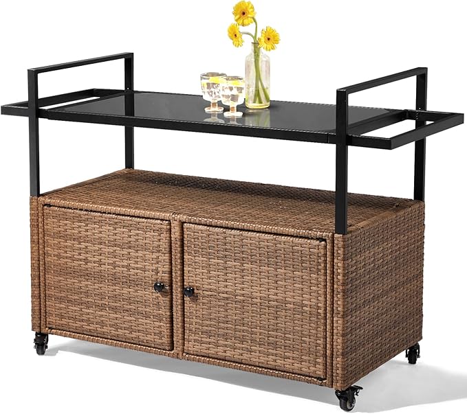Outvita Patio Bar Table, Weatherproof Buffet Cabinet Wicker Outdoor Storage Cart with 2 Doors & Shelves Glass Tabletop for Tableware Wine Bottle and Glass, Towels, and Potting Supplies