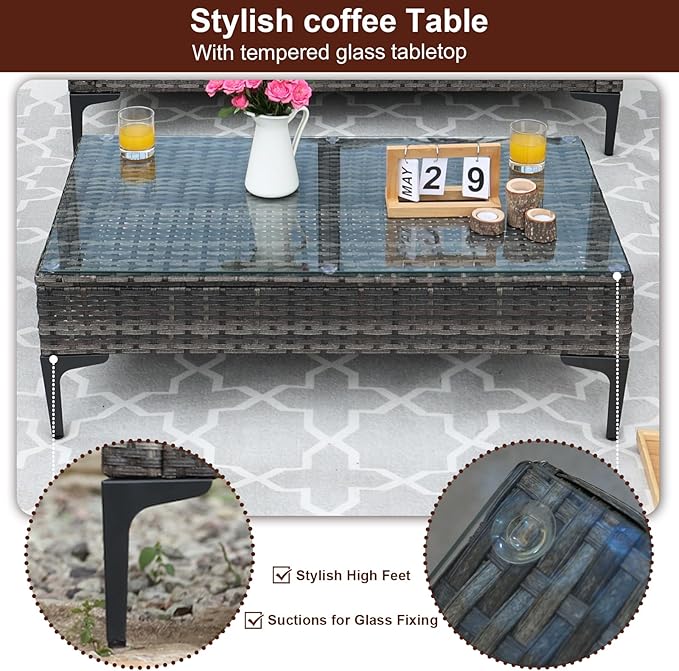 2 Pieces Patio Furniture Set,All Weather Rattan Loveseat with Tempered Glass Table for Porch,Deck,Backyard,Grey