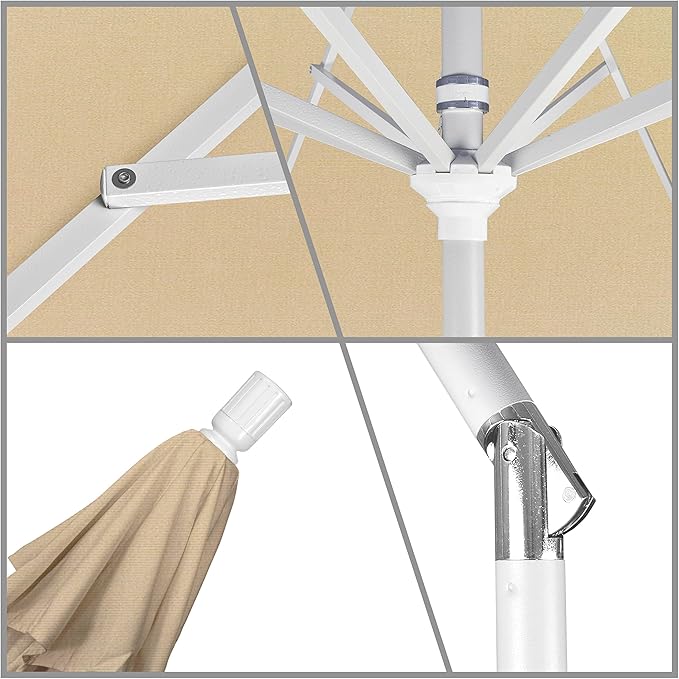 California Umbrella 9' Round Aluminum Market Umbrella, Crank Lift, Collar Tilt, White Pole, Pacifica Pacific Blue