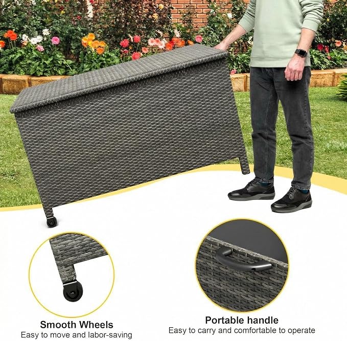 185 Gallon Outdoor Storage Box with Wheels - Large Wicker Rattan Deck Box for Patio Cushions, Garden Tools, Pool Floats & Pillows, All-Weather Patio Furniture Storage, Gary