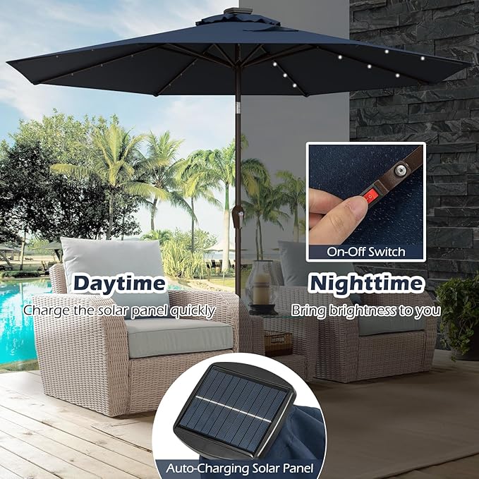 Giantex 9ft/10ft Outdoor Patio umbrella with Solar Lights, Table Market Umbrella with Crank and Push-button Tilt System, Solar LED Lighted Patio Umbrella for Backyard Deck Pool Beach
