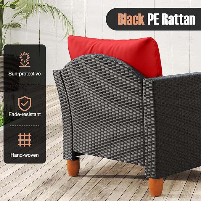 HAPPYGRILL 3 Pieces Patio Conversation Set with Storage Coffee Table, PE Rattan Wicker Furniture Set with Cushions, Outdoor Acacia Wood Sofa Furniture Set for Balcony Backyard Porch Garden