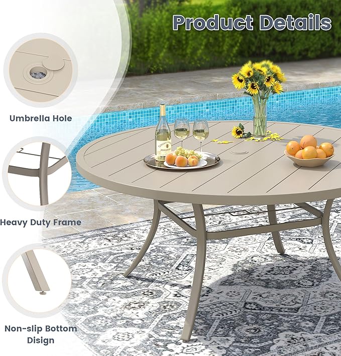 VICLLAX 7 Pieces Patio Outdoor Dining Set, 50" Round Metal Table with Umbrella Hole and 6 Stackable Textilene Chairs for Lawn, Garden, Porch, Sandshell