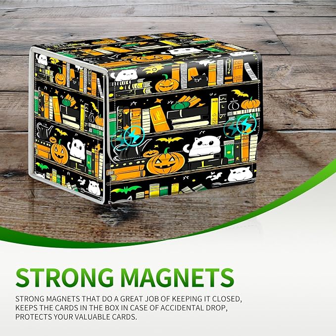 Card Deck Box for MTG, Cards Storage Box Fits 120+ Sleeved, Leather Small Size Strong Magnetic Closing Card Case for Board Games Magic TCG CCG Baseball Collection, Pumpkin Books