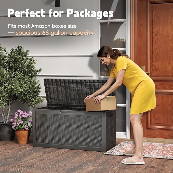LubanNese Outdoor Storage Box, Waterproof Deck Box, Outdoor Patio Storage Bin, Weatherproof (Black, 66 Gallon)
