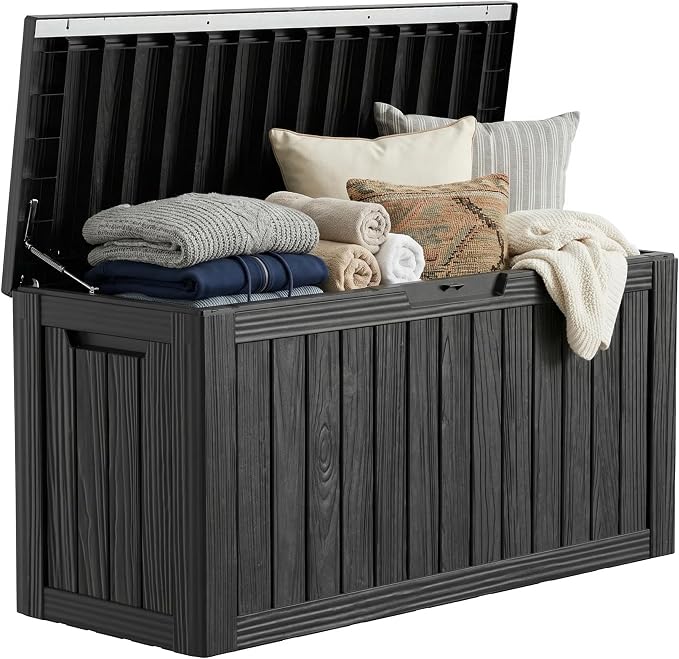85 Gallon Outdoor Storage Box Waterproof, Large Deck Box Durable Resin Storage Bin with Lid for Patio Furniture Cushions Garden Tools (Black, 85 Gallon)