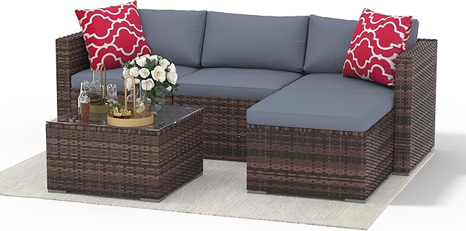 5-Piece Patio Furniture Set, All-Weather PE Rattan Sectional Sofa, Modular Outdoor Conversation Set with Metal Frame, Brown & Grey