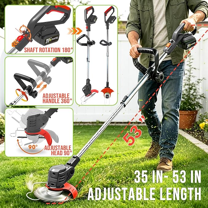 Electric Weed Wacker, 21V Cordless Weed Eater Battery Powered with 2X 2.0Ah Batteries, Charger and Metal Blade, 3 in 1 Lightweight Electric Weed Grass Trimmer Brush Cutter Edger for Lawn Yard Garden
