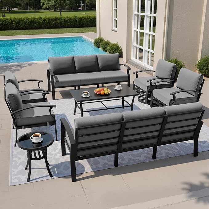 Kullavik Aluminum Patio Furniture Set,8 Piece Modern Metal Outdoor Patio Furniture w/5.1'' Thick Cushion,Swivel Chairs and Rectangular Coffee Table,Patio Conversation Sets for Porch,Deck,Grey