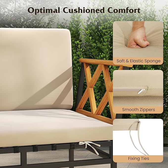 Tangkula L Shaped Outdoor Sectional Sofa Set, 4 Pieces Acacia Wood Patio Cushioned Conversation Set with Bungee Rope Seat,for Porch, Yard, Poolside (Off White)