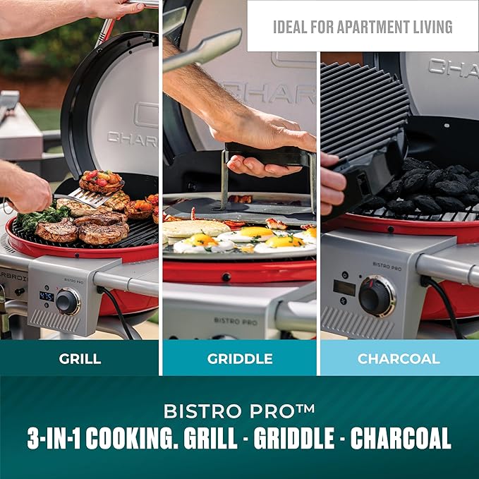 Charbroil 3-in-1 Dual Fuel Outdoor Bistro Pro Electric Grill & Griddle + Charcoal Mode BBQ, Red - 25302146