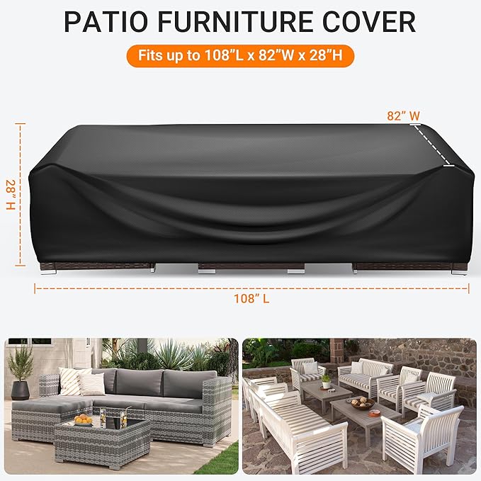 WLEAFJ Patio Furniture Covers Rectangle, Outdoor Table Covers Waterproof, Heavy Duty Outdoor Furniture Cover, Patio Sectional Set Cover 108"L x 82"W x 28"H, Black