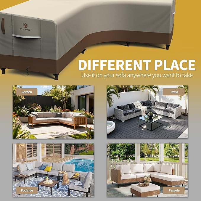 Rosefray 600D Outdoor V-Shaped Sectional Cover,Heavy Duty Anti UV Patio Sectional Sofa Cover with Air Vent, Waterproof Furniture Covers for Deck, Lawn,Backyard 100"x100" khaki brown