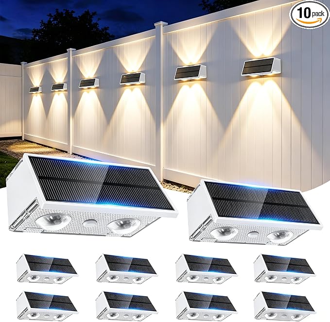 Solar Fence Lights Outdoor, 10 Pack Fence Solar Lights Waterproof | IP65 Fence Lights Solar Powered Up & Down LED Focus, 9 Color Modes, 12H Dusk to Dawn Glow for Pool/Patio/Backyard - White