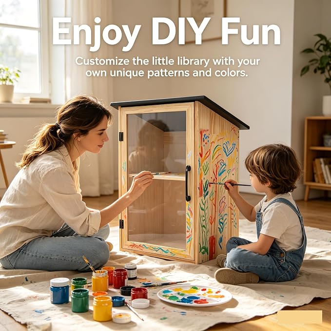 Little Outdoor Library Box, 2-Tier Waterproof Free Library Wooden Cabinet, 15.7 x 11 x 22.4 Inch Small Storage Box for DIY, Neighbourhoods, Communities and Kids to Share Books, Magazines, Artworks