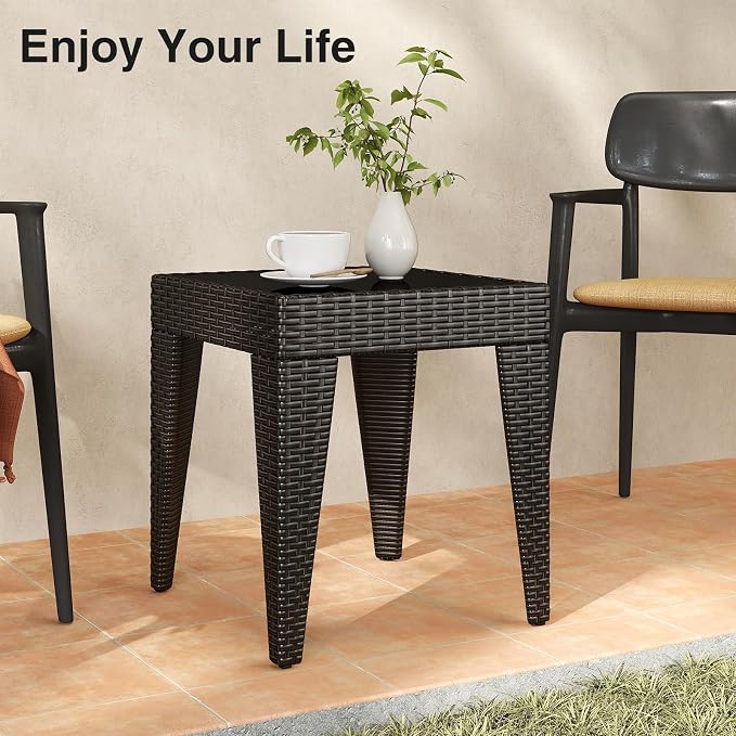 Kinfant Rattan Patio Side Table - Modern Wicker End Table, PE Coffee Table with Glass Top, Weather-Resistant Patio Furniture for Patio, Balcony, Garden, and Poolside (1, Rattan Black)