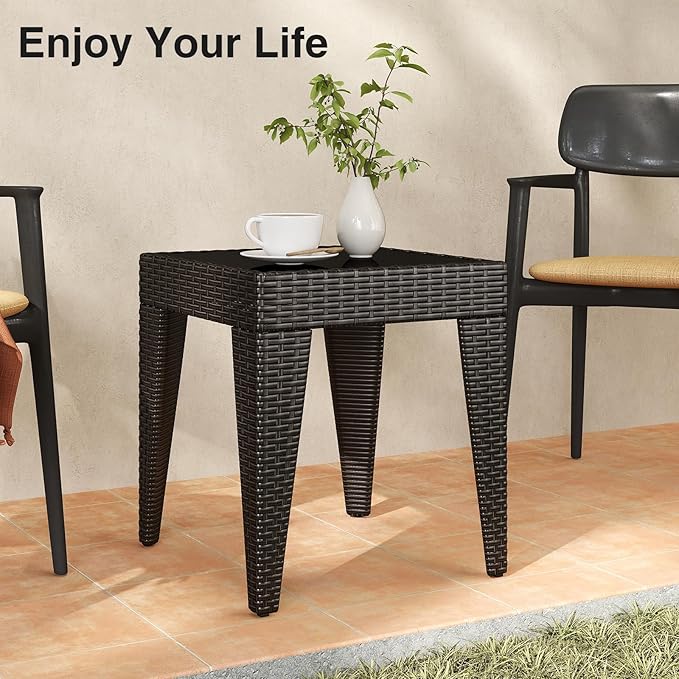 Outdoor Small Patio Table - PE Rattan Coffee Table, Wicker Side Table for Patio, Balcony & Porch, Durable & Iron Frame (1, Rattan Black)