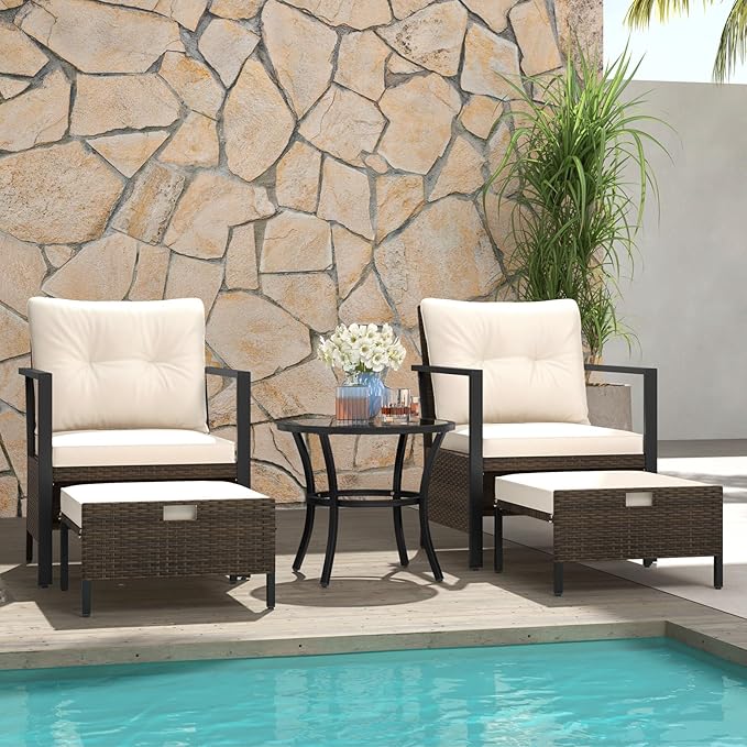 Tangkula 5 Piece Outdoor Furniture Set, Rattan Chairs & Ottomans w/Round Glass Topped Coffee Table, Space Saving Cushioned Patio Conversation Set for Backyard, Poolside (Off White)