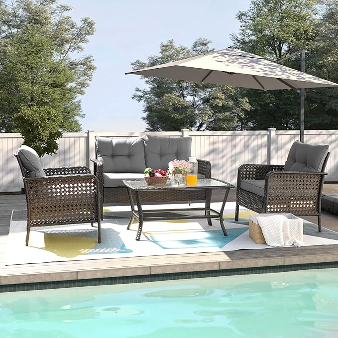 Lepdep Patio Furniture Set Outdoor Furniture - 4 Pieces Wicker Patio Conversation Sets with Loveseat, Rattan Seating Outside Patio Set Coffee Table Chair for Lawn, Deck, Balcony, Backyard. (Grey)