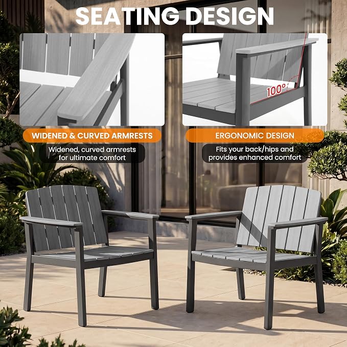 Aluminum Patio Furniture Set, Outdoor Furniture Set 4 Pieces Aluminum Frame HDPS Faux Wood, All Weather Conversation Set for Backyard, Garden, Poolside Grey
