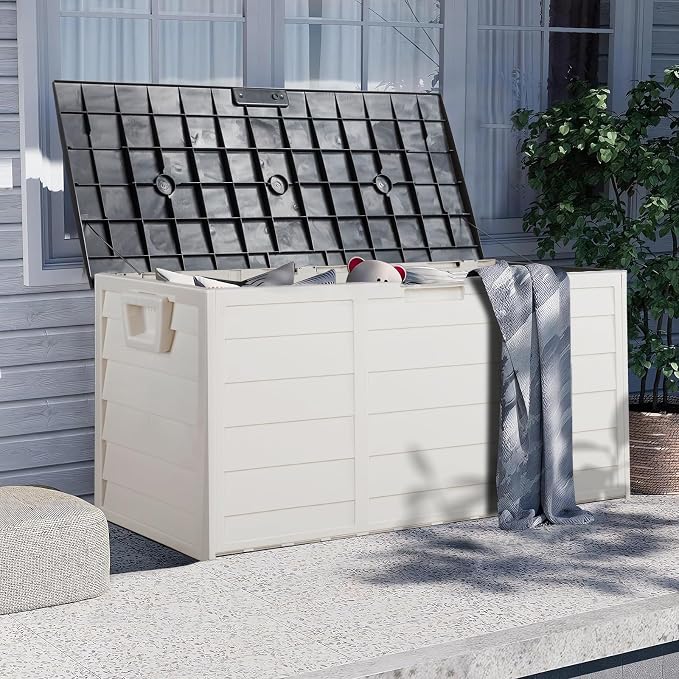 75-Gallon Outdoor Storage Bench with Wheels, Heavy-Duty Waterproof Deck Box for Patio, Garden, and Pool Organization (Black lid + white box)