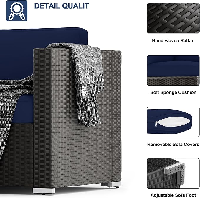 SUNCROWN 7-Piece Outdoor Patio Furniture Sofa Set All-Weather Wicker Sectional Conversation Set with Modern Glass Coffee Table, Cushions and Waterproof Cover,Dark Blue