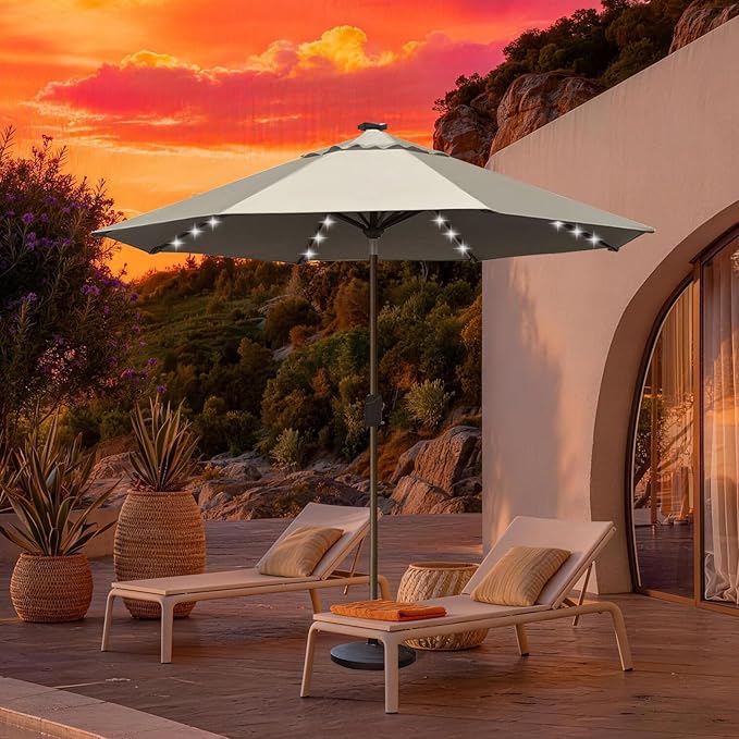 EliteShade USA 10-Year-Non-Fading 10ft Market Patio Umbrella, Commercial Grade Table Sun Umbrella with 80 Solar LED Lights, Crank Open, Windproof & UPF 50+ UV Protection for Garden, Deck, Pool, Backyard, Antique Beige