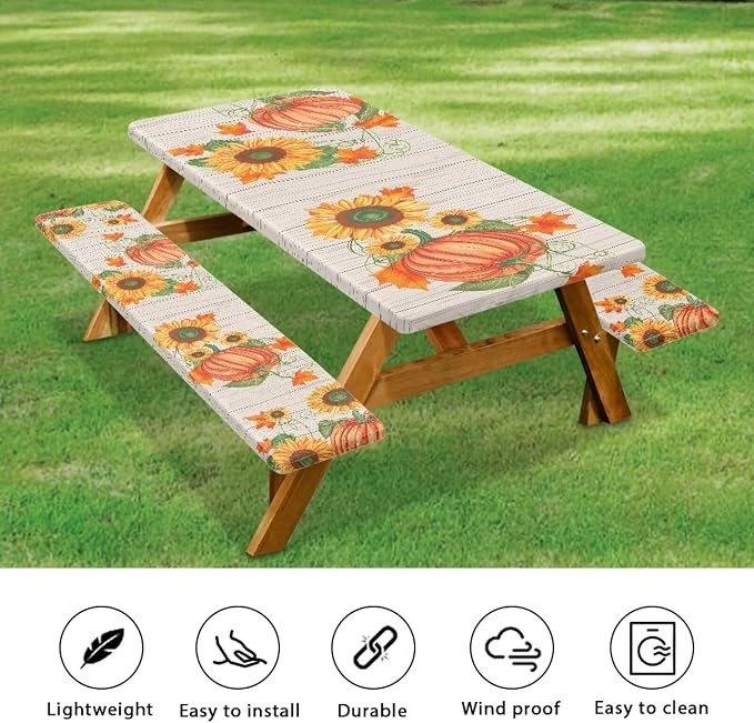 Fall Picnic Table Cover with Bench Covers Rectangle Pumpkin Sunflower Fitted Picnic Table Cover with Bench Covers Washable Table Cover Outdoor Patio Camping Essentials 72x30 Inches