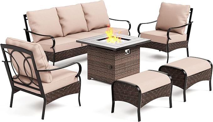 Outdoor Patio Furniture Set with 32" Fire Pit Table, 6 Pieces Heavy-Duty Metal Conversation Sets, Wicker Modern Sofa Set for Patio, Balcony, Backyard, Deck, Poolside