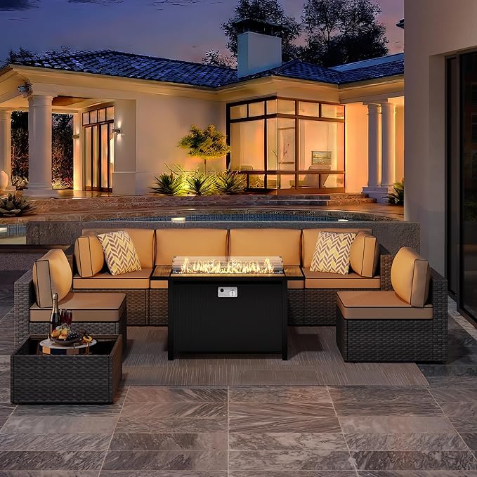 JAMFLY 8 Piece Outdoor Patio Furniture Set with Propane Fire Pit Table, All-Weather PE Wicker Rattan Sectional Sofa Set with Thick Cushions for Backyard, Garden, Poolside(Khaki, Silver)