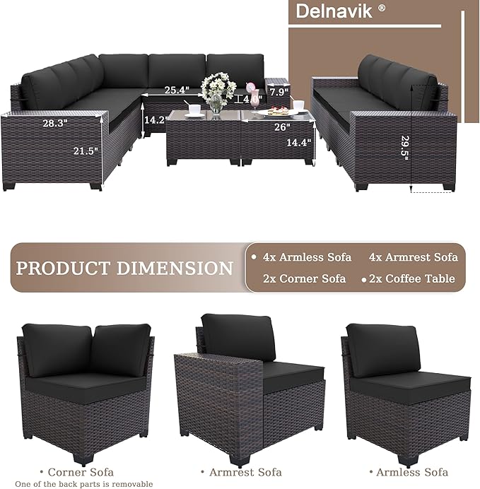 Patio Set Sofa 12-Pieces Wicker Sectional Sofa Set, Outdoor Furniture Rattan Patio Conversation Set with Cushions and Glass Coffee Table, Black
