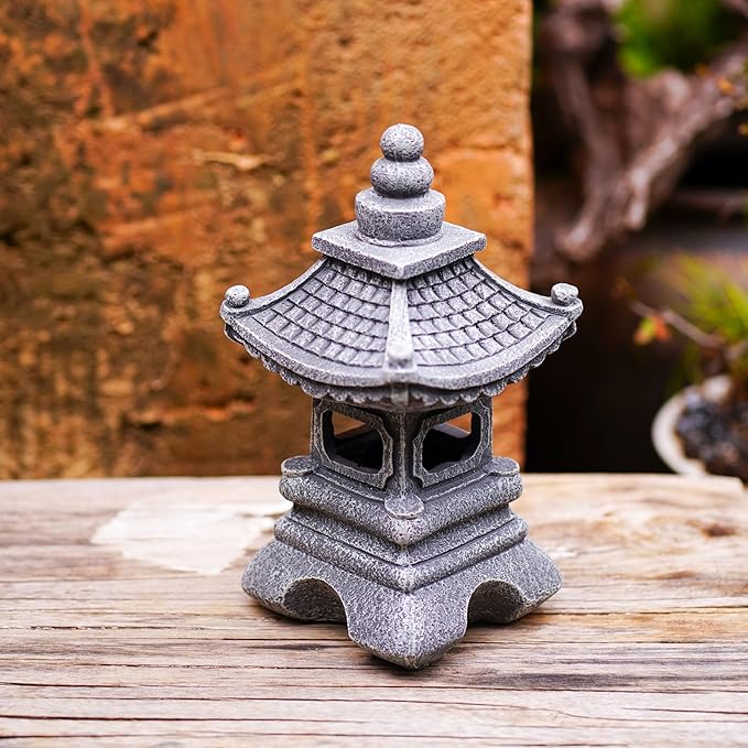 Solar Pagoda Lantern Garden Statue Japanese Zen Lantern Outdoor Decor with LED Light for Landscape Balcony Patio Porch Yard Art Ornament