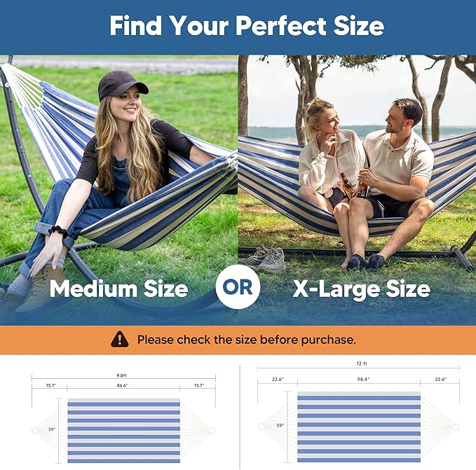 SUNCREAT Large Hammocks for Outside, Long Replacement Hammock Two Person for Stand, Blue White Stripes