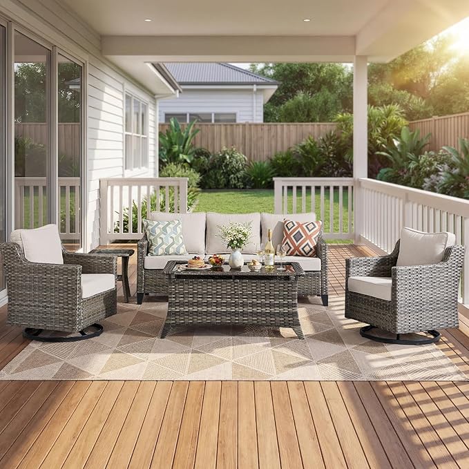 Luxury Patio Furniture sofa Set - 5 Pieces All Weather Wicker Outdoor Couch and High Back Swivel Rocker Patio Chairs with Glass coffee table for Deck Yard and Poolside Gray Wicker | Beige Cushions