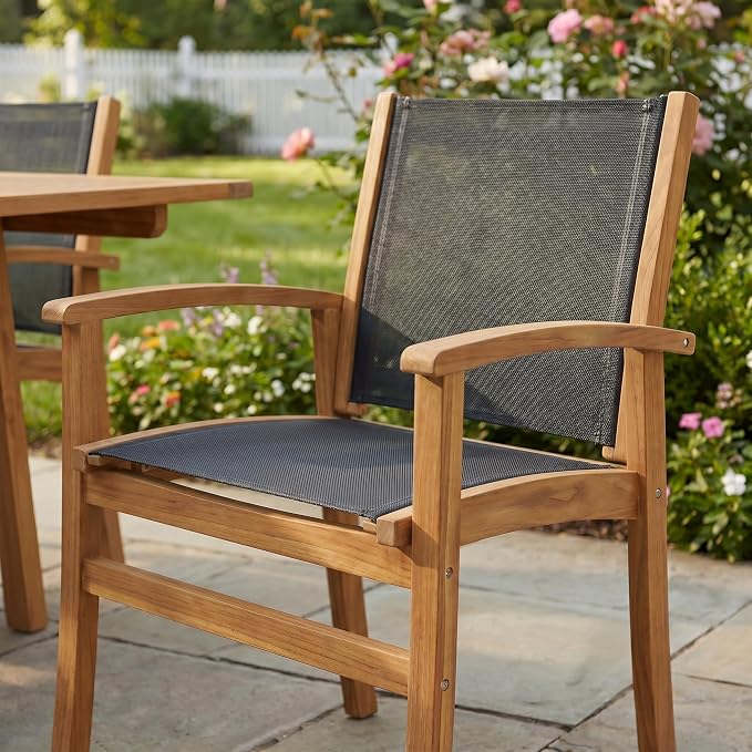 SUNSITT 5-Piece Outdoor Patio Dining Set, 55" - 71" Acacia Wood Expandable Table & 4 Breathable Textilene Mesh Chairs, All-Weather Patio Furniture w/Umbrella Hole for Backyard, Deck, Garden, Black
